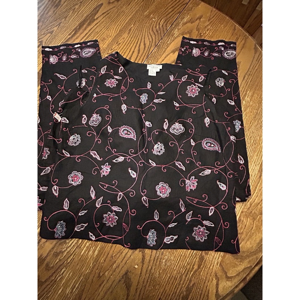 Due per Due Black Linen 2 pc Set Floral Embroidered top pants Sz 14 Sequins